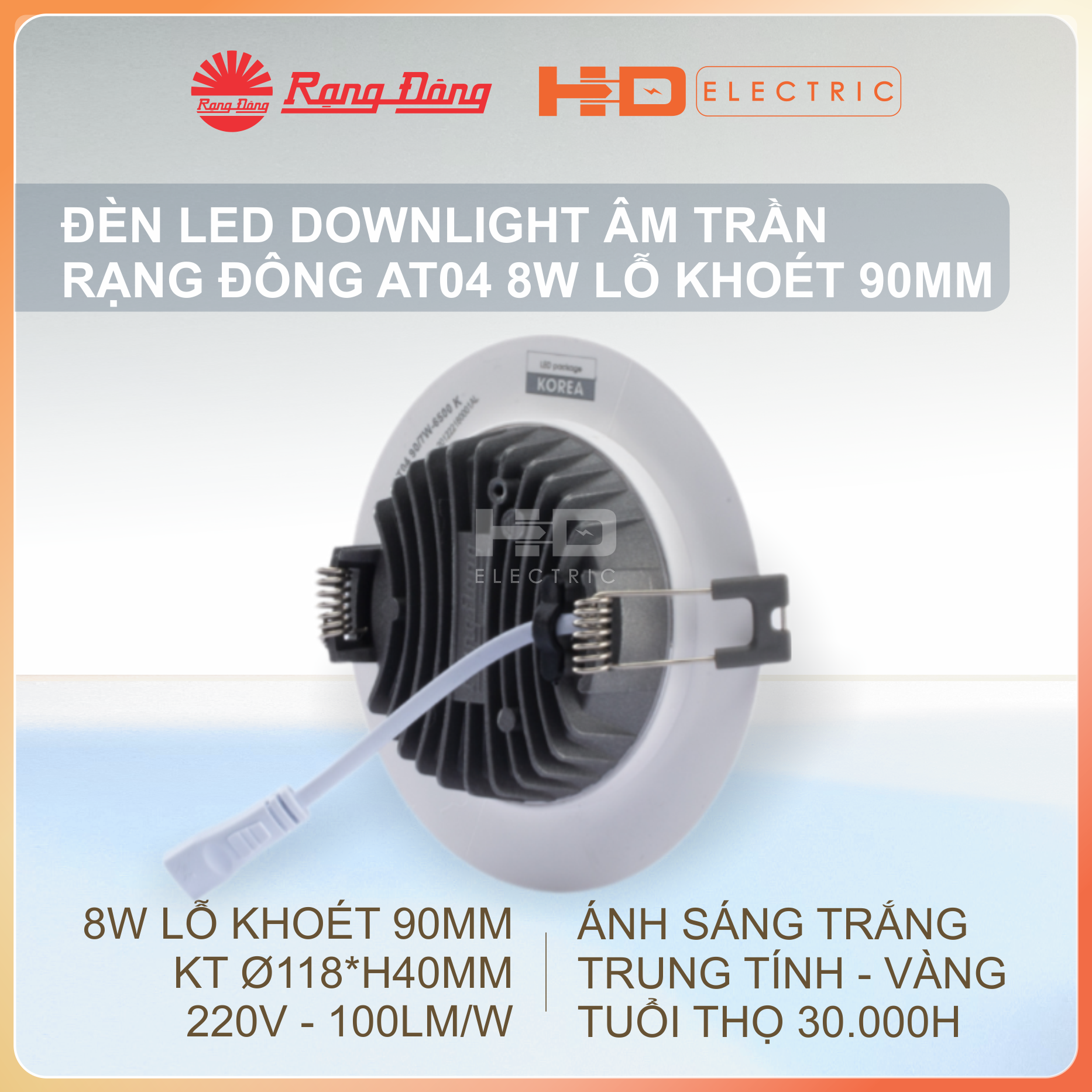 Đèn LED Âm trần Rạng Đông AT04 8W Lỗ khoét 90mm (D90) - Downlight Ánh sáng trắng (6500K)